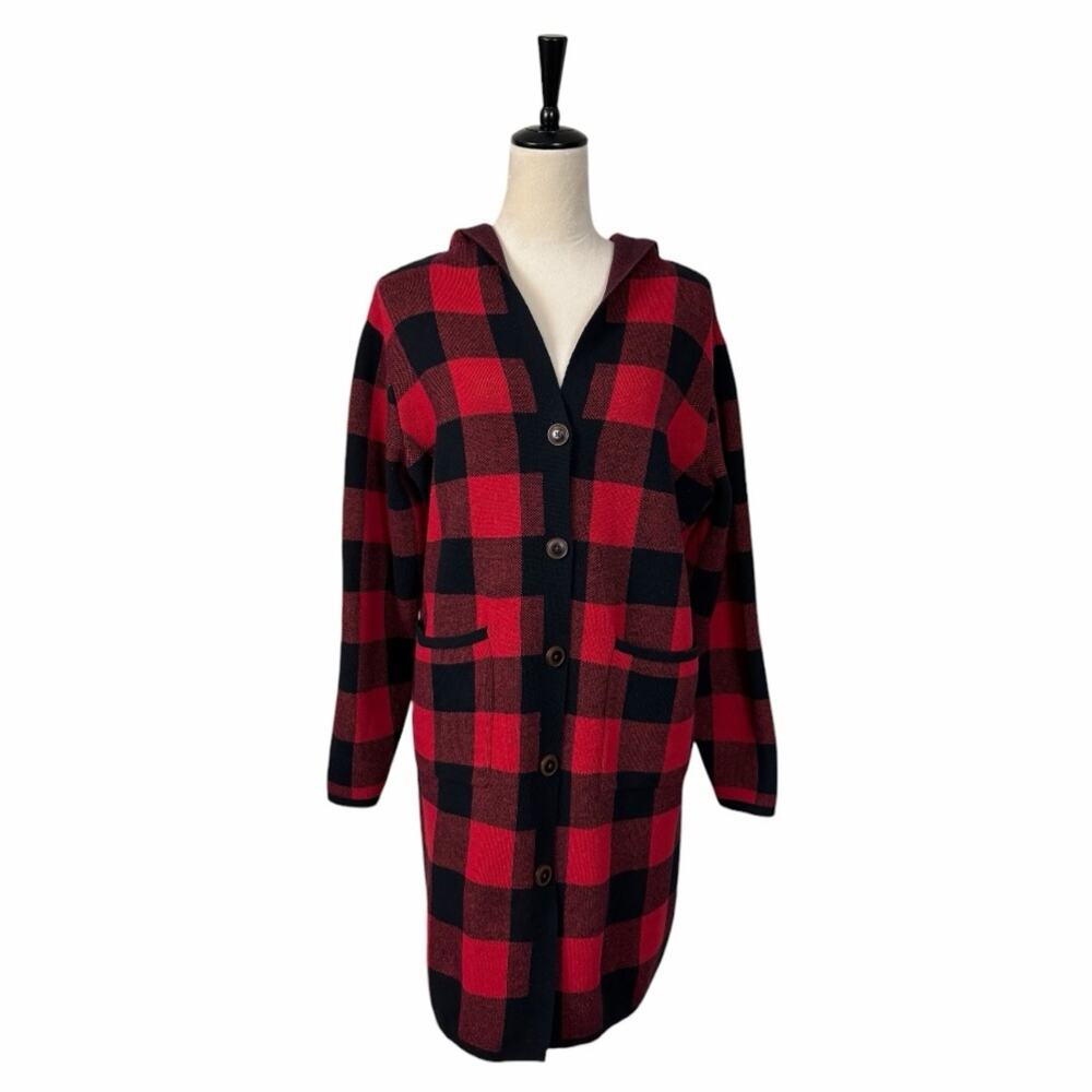 Denim & Co. Women’s Large Petite Red Black Buffalo Plaid Hooded Cardigan Sweater